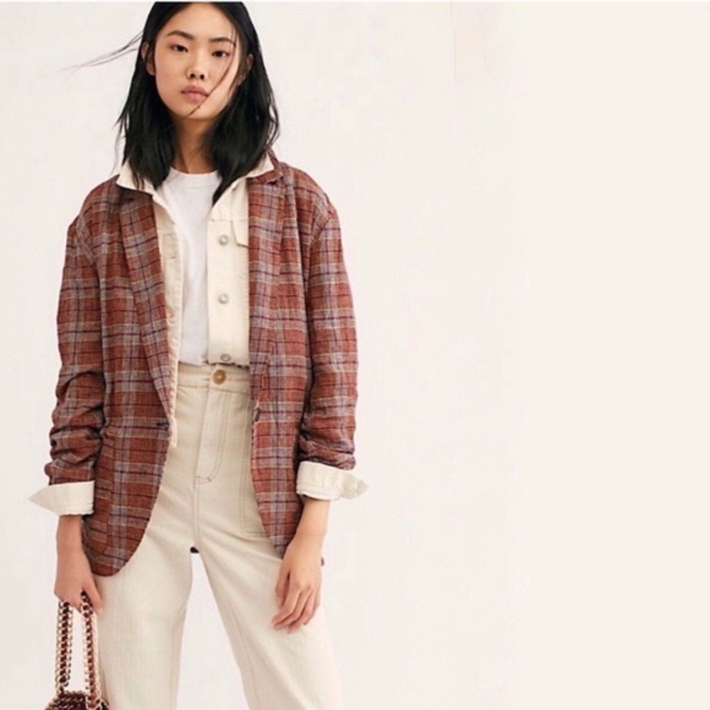 Free People Simply Plaid One Button Linen Blazer Size XS